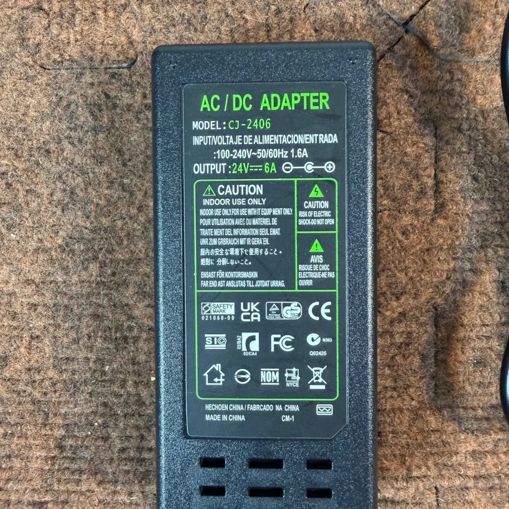 AC/DC Adapter 24V 6A Power Supply Charger Model CJ-2406 Black with Power Cord